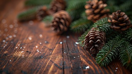 christmas tree branch decorations on a wooden table 