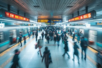 Photo of a busy subway station with people walking and the train moving fast in motion blur Generative AI - obrazy, fototapety, plakaty