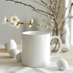 Obraz na płótnie Canvas White coffee mug wit easter eggs mockup (generative ai)