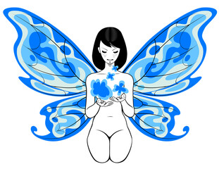 Linear drawing of a frontal sitting young fairy girl with blue decorative wings with abstract flowers in her hands isolated on white