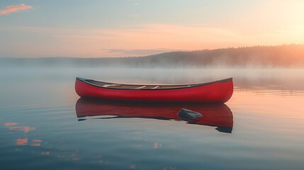 a red canoe on a lake - obrazy, fototapety, plakaty