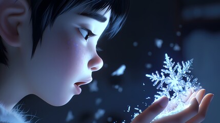 With a curious tilt of the head, the animated character examines a delicate snowflake, marveling at its intricate beauty and uniqueness.