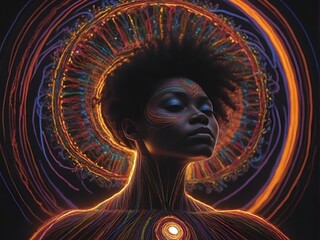 Black woman portrait. Neon lights. Bright colors.