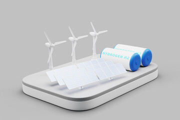 Hydrogen Gas tank, wind turbine and solar panels, concept of clean energy, renewable energy and green industry, 3d rendering.