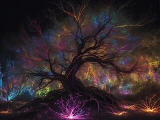Tree with neon lights. Tree of life.