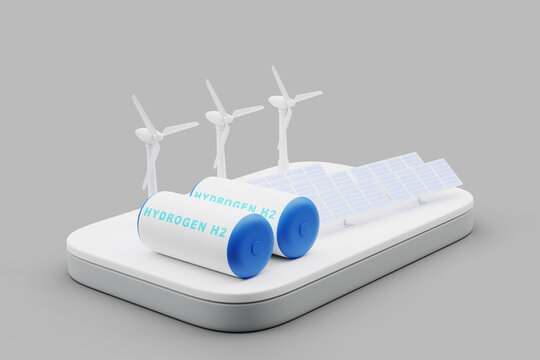 Hydrogen Gas tank, wind turbine and solar panels, concept of clean energy, renewable energy and green industry, 3d rendering.