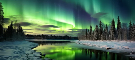 Gordijnen Cool northern countries. the trend of cold vacation travel to snowy landscapes and aurora phenomena © Андрей Знаменский