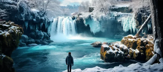 Poster Tourist looking at frozen waterfall. Cold travel destinations, northern countries © Андрей Знаменский