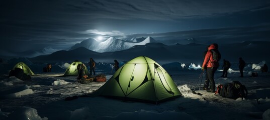 Tourist tent in mountain camp. Cool climate vacation with aurora borealis in cold regions. - obrazy, fototapety, plakaty