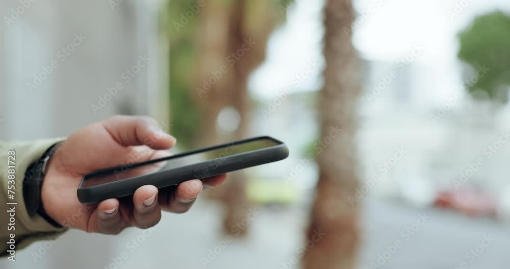 Poster Phone, text and person hands in the city with app, internet and social media on a road. Urban, street and professional with tech and scroll on a maps website and online with travel on a sidewalk