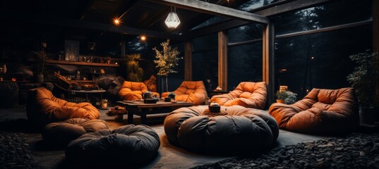 Cozy nook with upholstered sofas, soft fabrics, and warm lighting for relaxation - obrazy, fototapety, plakaty