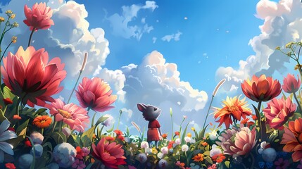 Surrounded by oversized flowers, the adorable character tiptoes through a garden, its nose twitching as it smells the fragrant blooms. - obrazy, fototapety, plakaty