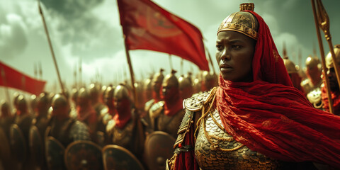 African woman warrior commander dressed in beautiful gold armor with her army ready for war.