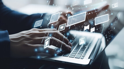 
Intelligence and business analytics, data analysis concept. Businessman working on laptop in an office with financial graph, analytic dashboard
