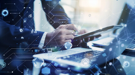 
Intelligence and business analytics, data analysis concept. Businessman working on laptop in an office with financial graph, analytic dashboard