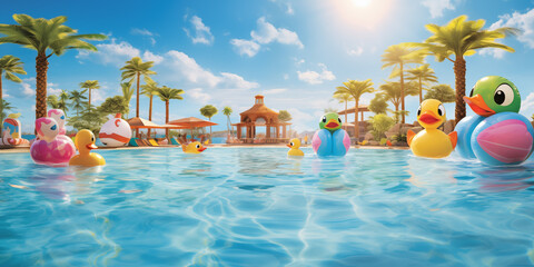 Fototapeta na wymiar Children's swimming pool with rubber ducks. Colorful Water Park Slides with Pool 