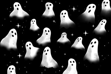 A group of white ghost faces on a black background