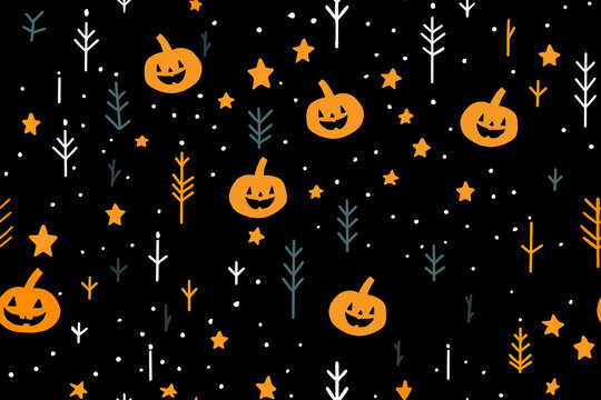 A pattern of pumpkins and stars on a black background