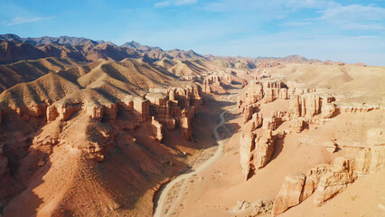 Fototapeta na wymiar Aerial view of Charyn canyon, Kazakhstan. Beautiful view of the canyon