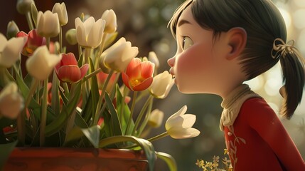 With a curious sniff, the animated character investigates a bouquet of blooming flowers, their petals unfolding like secrets waiting to be discovered. - obrazy, fototapety, plakaty