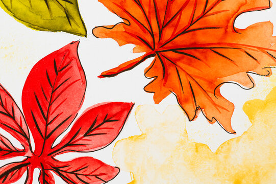 Autumnal leaves handmade paint 