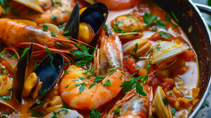 French cuisine Bouillabaisse, extreme closeup, top view - obrazy, fototapety, plakaty