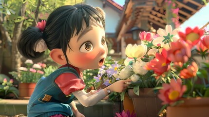 With a curious sniff, the animated character investigates a bouquet of blooming flowers, their petals unfolding like secrets waiting to be discovered. - obrazy, fototapety, plakaty
