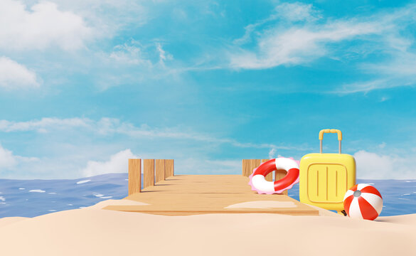 summer travel 3d with wooden bridge leading into the sea on a bright day, suitcase, ball, lifebuoy, sea beach, blue sky landscape background. 3d render illustration