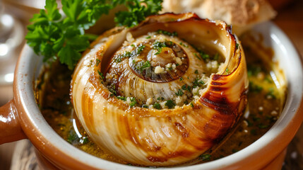 Obraz premium French cuisine Escargot, extreme closeup, top view