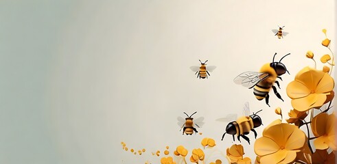 isolated on soft background with copy space bees with flowers concept - obrazy, fototapety, plakaty