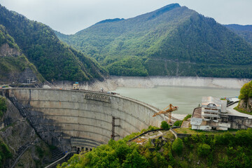 Dam of Enguri hydroelectric power plant in Georgia, aerial view