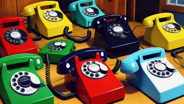 Colorful Rotary Telephones on Wooden Table Generative AI