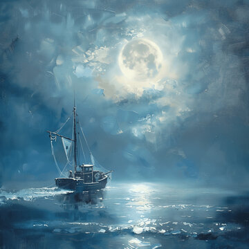 Una pintura al óleo que representa un pequeño barco pesquero