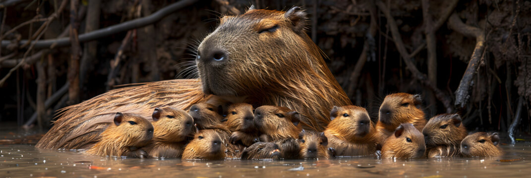 A Swarm of Baby Capybaras,
Capybara, hydrochoerus hydrochaeris, the largest toothed rodent
