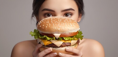 isolated on soft background with copy space women eating hamburger concept