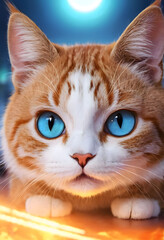 An orange and white cat has blue eyes.