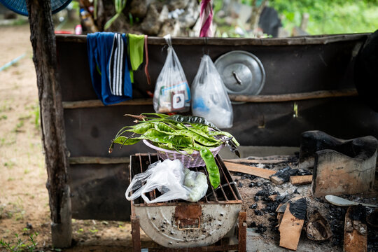 Stink beans, also known as Sator Beans, in a rural kitchen in Thailand