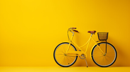 A bicycle with basket arranged on it on yellow background