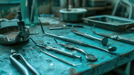 Obraz na płótnie Canvas Rusty dental tools on an old grimy tray