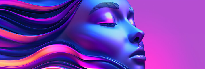 Stylized rendition of a face against a multicolored gradient background. Partial view of a face, highlighting luscious lips and a sleek nose, all rendered in bold 