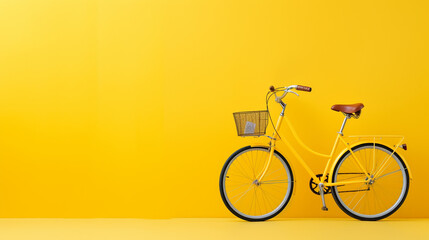 A bicycle with basket arranged on it on yellow background