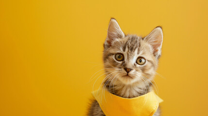 Cute kitten with yellow apron close up shot full