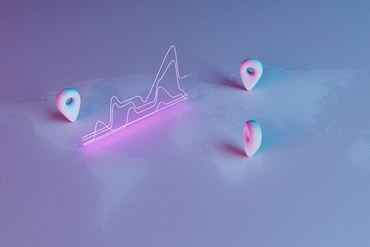 world map with location pins and neon chart