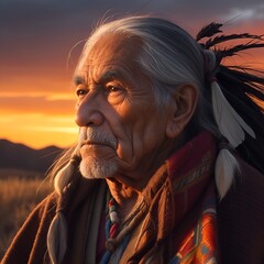 Native American old Man at sunset
