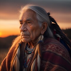 Native American old Man at sunset.