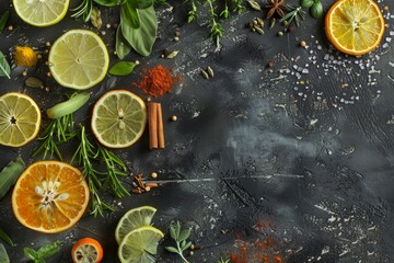 Dark Elegance: Citrus Fruits and Spices on Textured Surface - Powered by Adobe