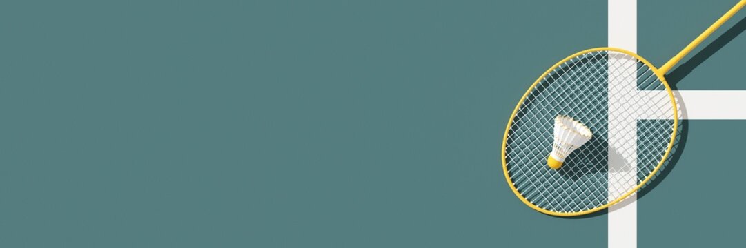 Badminton sport equipments, racket and shuttlecock on court. 3d illustration, render. Top view, copy space, banner