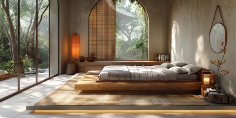 Obraz na płótnie Canvas Mock up bright bedroom with a comfortable large bed and a bright stylish background, 3d rendering