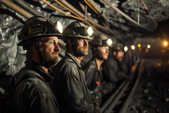 Bravery Beneath the Earth: A Group of Coal Miners with Headlamps Illuminating the Dark Tunnels, Symbolizing Resilience and Teamwork on Coal Miners’ Day