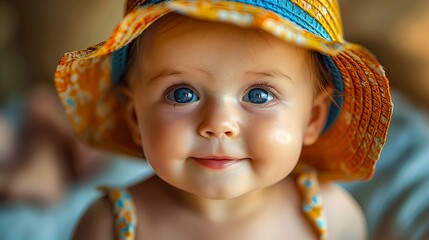 Smiling Baby With Sparkling Blue Eyes Under A Sun Hat With Orange Patterns.